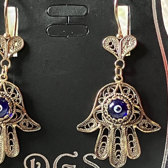 925 Turkish Silver Fatima Hand Evil Eye Filigree Silver Protective Earrings - Picture 3 of 4
